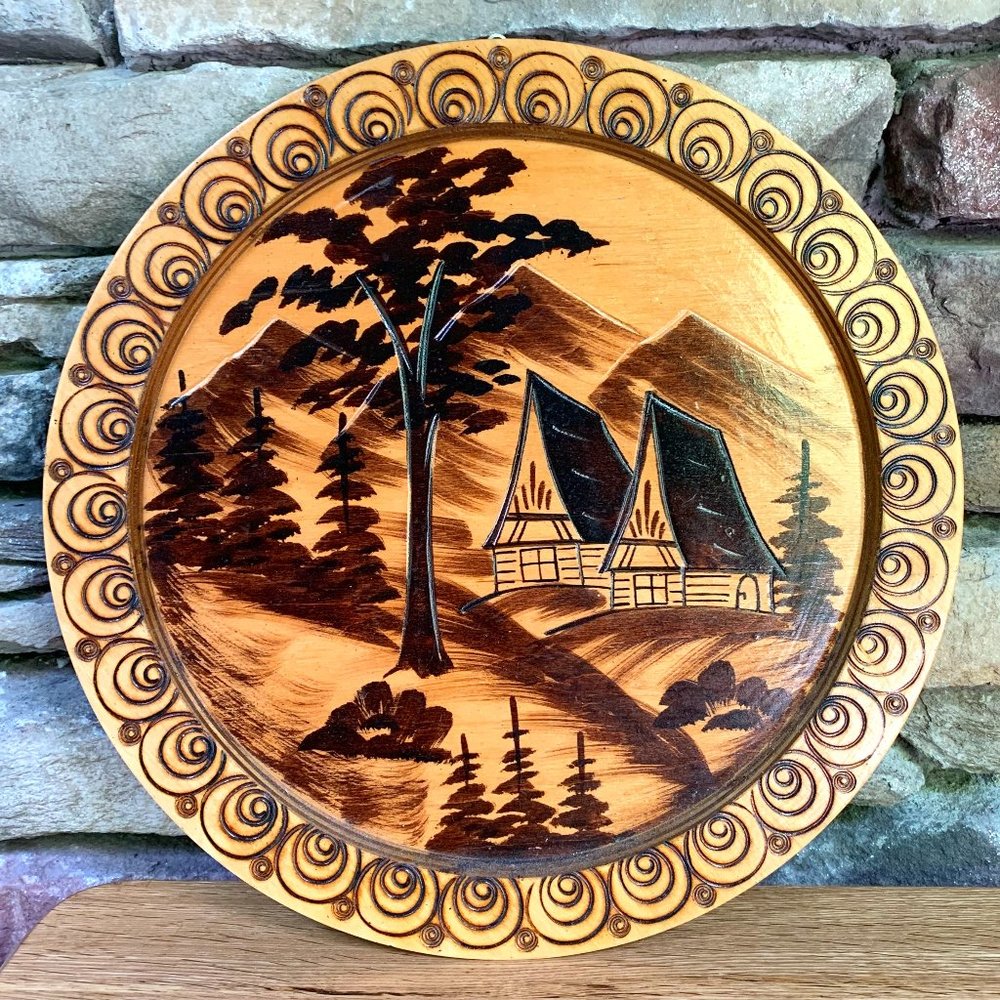 Wood Burned Plate Mountain Pyrography Chalet Cabin Wall Decor Handcrafted